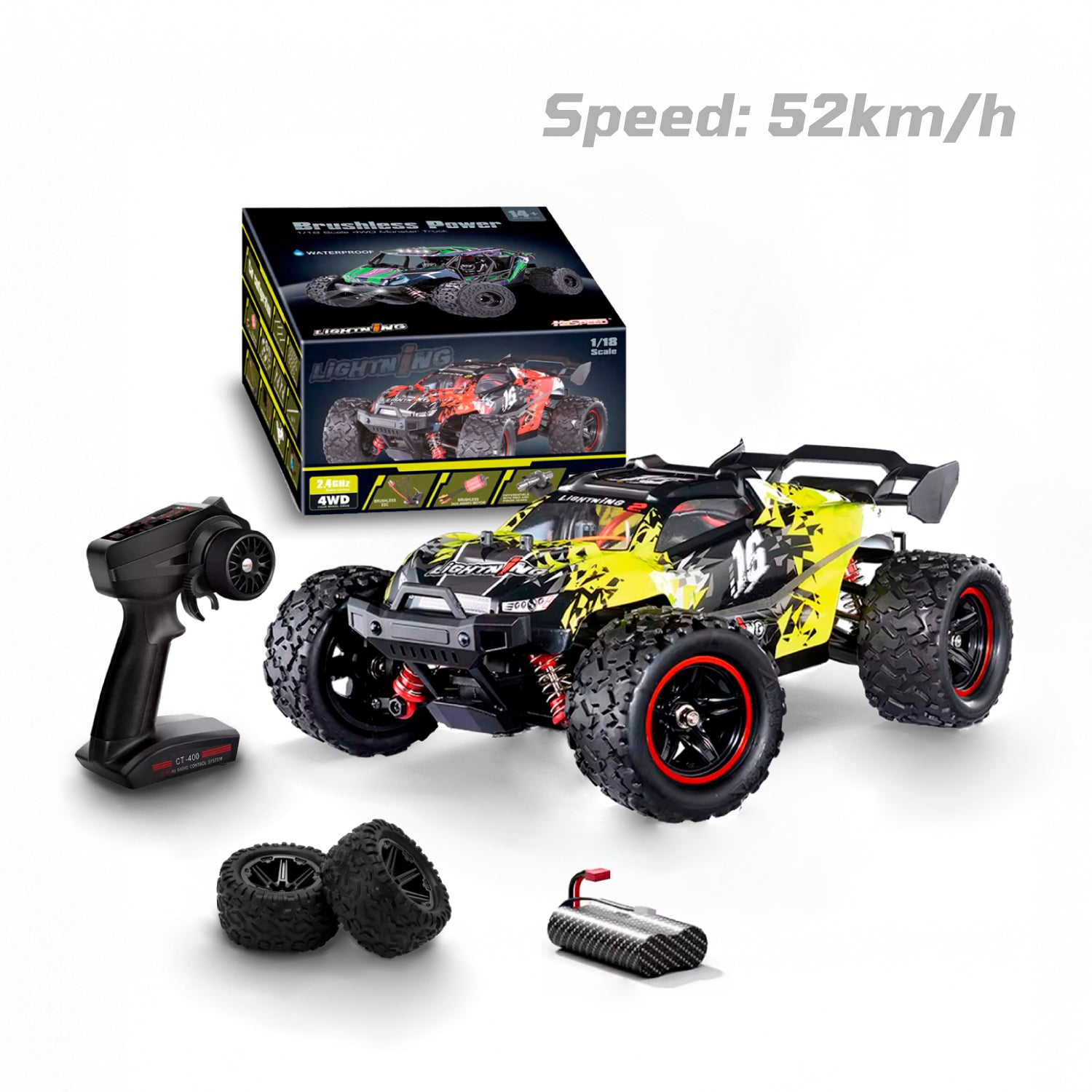 Auto a control remoto • Tiger monster truck 4x4 • 52 Km/h • Amarillo