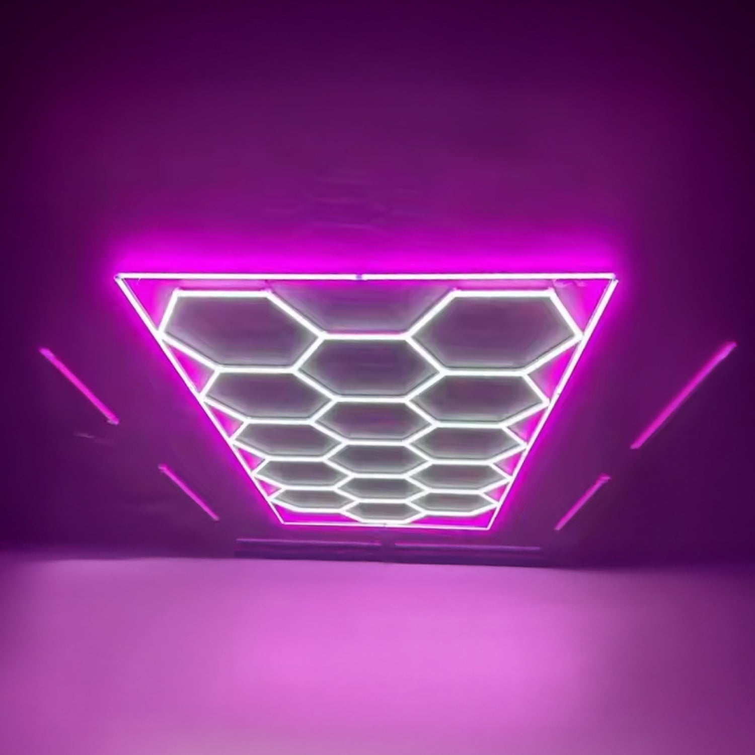 Luz Led Spectra • Rack Hexagonal • 4.78x2.41 mts • 672 Watts • 15 Hexágonos + Rectángulo Rosado