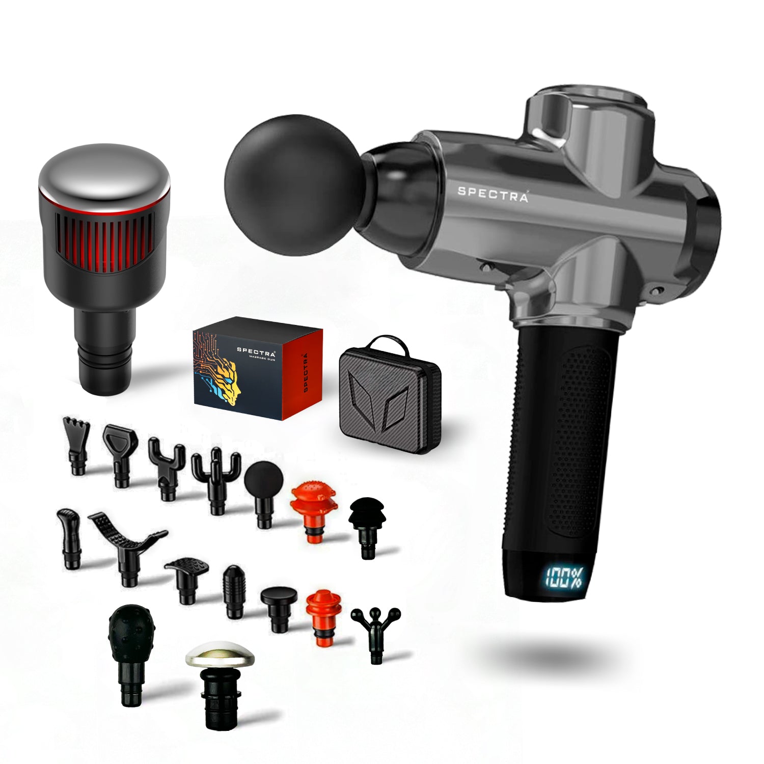 Pistola de masajes Spectra • Pack prime • 16 Cabezales + Cabezal therm/frost