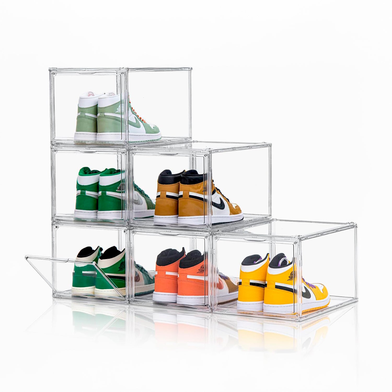 Pack x 12 Caja Acrílica Magnética Apilable Organizadora de Zapatillas • Doble Puerta Horizontal y Frontal • 22x36x27cm