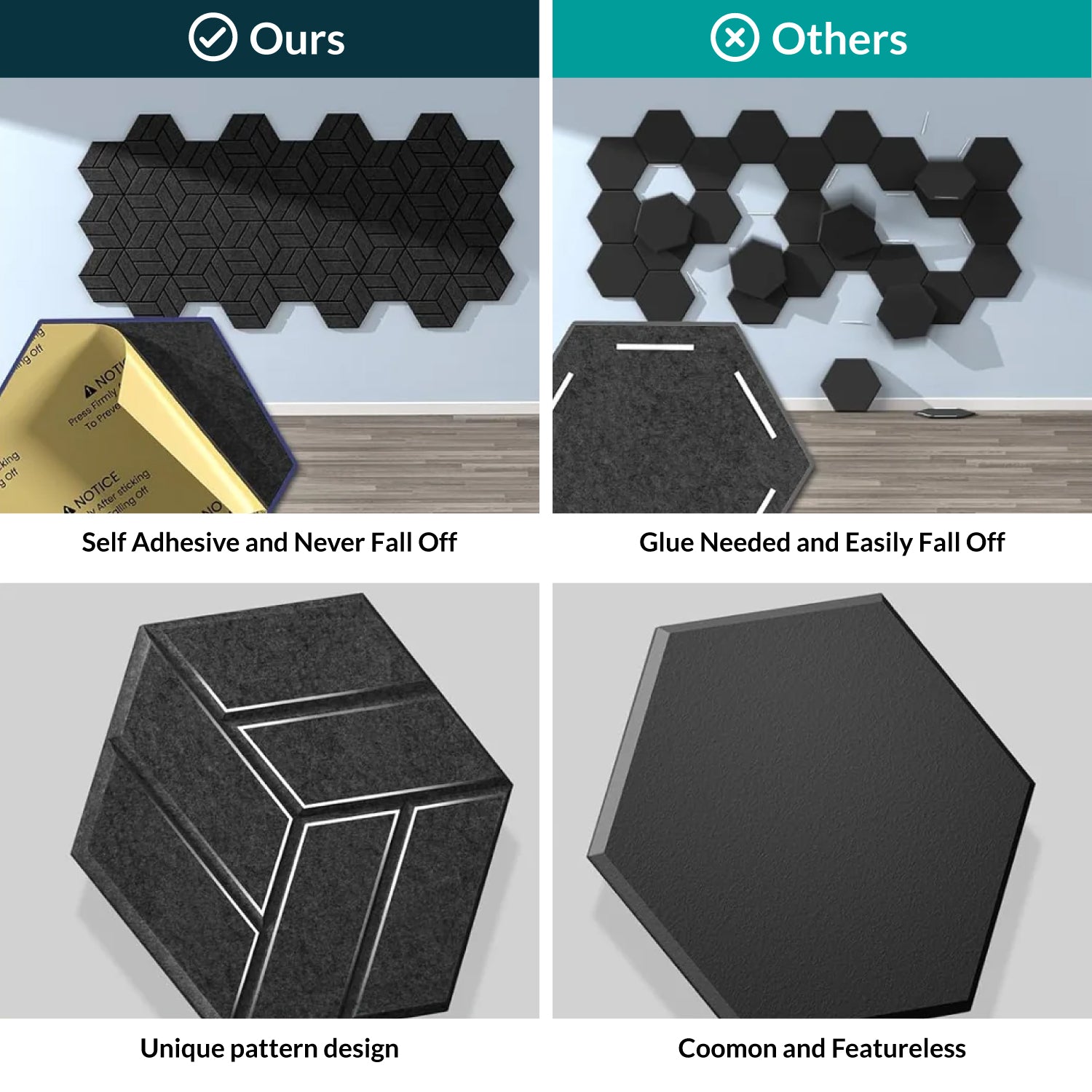 Panel Acústico Hexagonal • PET • AutoAdhesivo • 30x30x1 cm • Pack x12 Unidades 1 m2