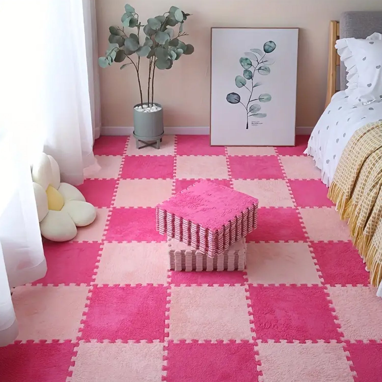 Piso Tatami Acolchado para Niños • Alfombra Goma Eva • Antideslizante • Modular • 30x30x1cm • Rosa Fuerte