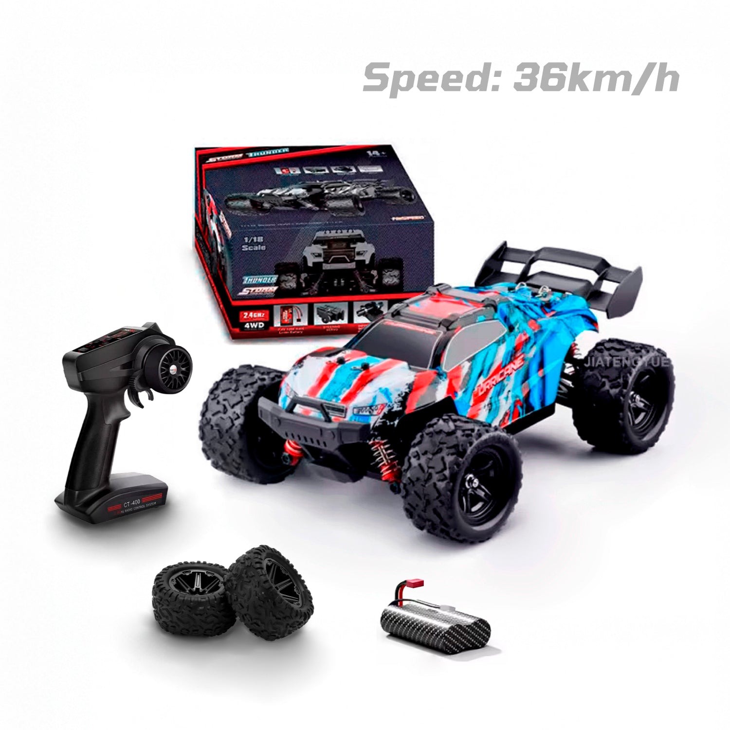 Auto a control remoto • Hurricane monster truck 4x4 • 36 Km/h • Celeste/rojo