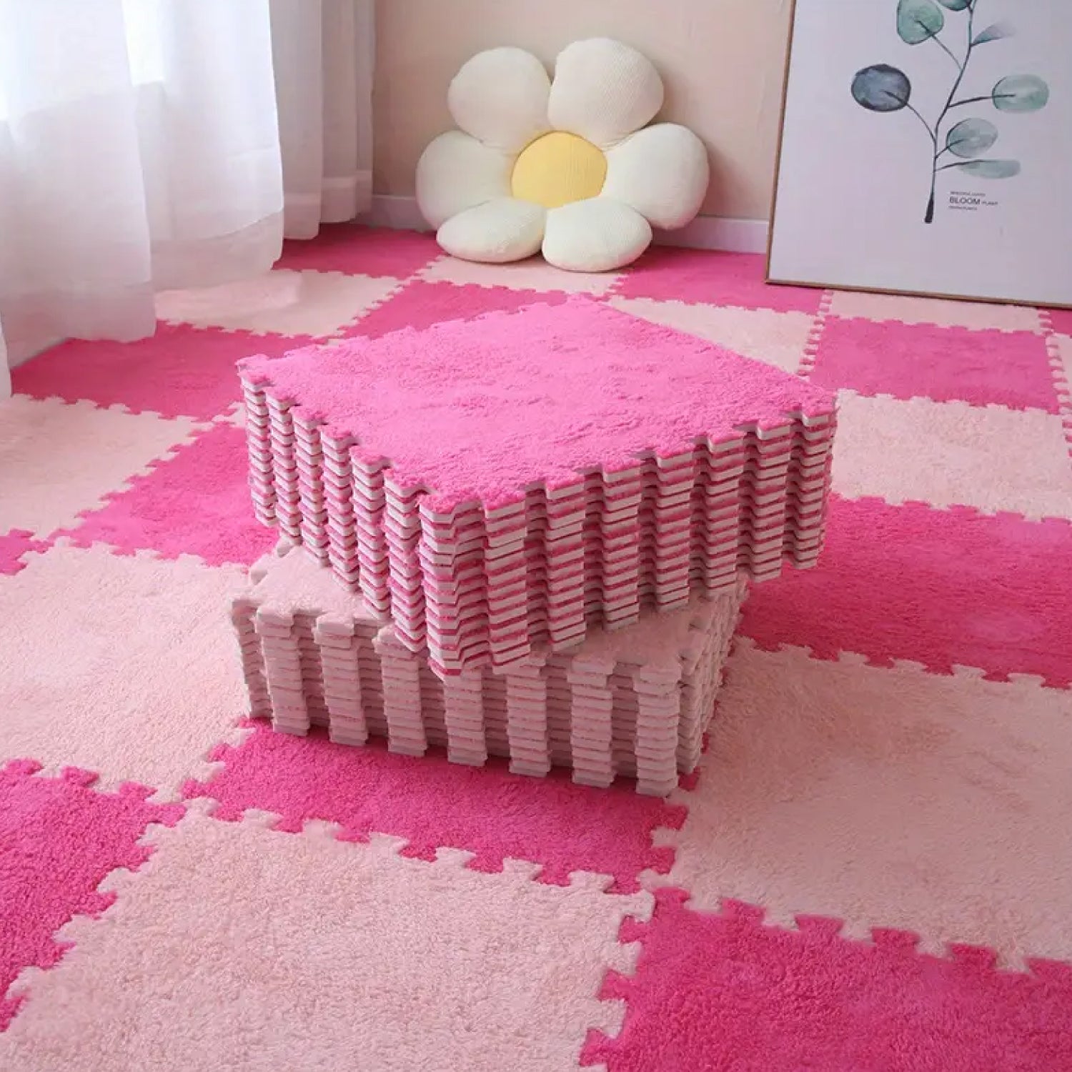 Piso Tatami Acolchado para Niños • Alfombra Goma Eva • Antideslizante • Modular • 30x30x1cm • Rosa Fuerte