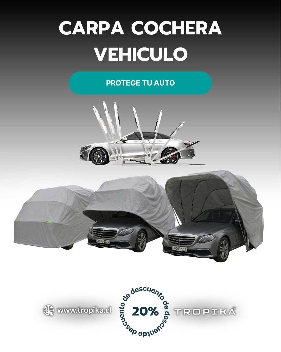 Carpa Cochera Plegable para Automovil • Retractil • Soporte Anclado a Piso • 5,8m largo × 2,4m ancho × 2,8m alto • Gris