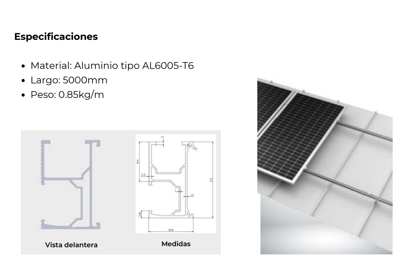 Riel para Estructura de Paneles Solares sobre techo de 5000mm • Estructuras para Paneles Solares