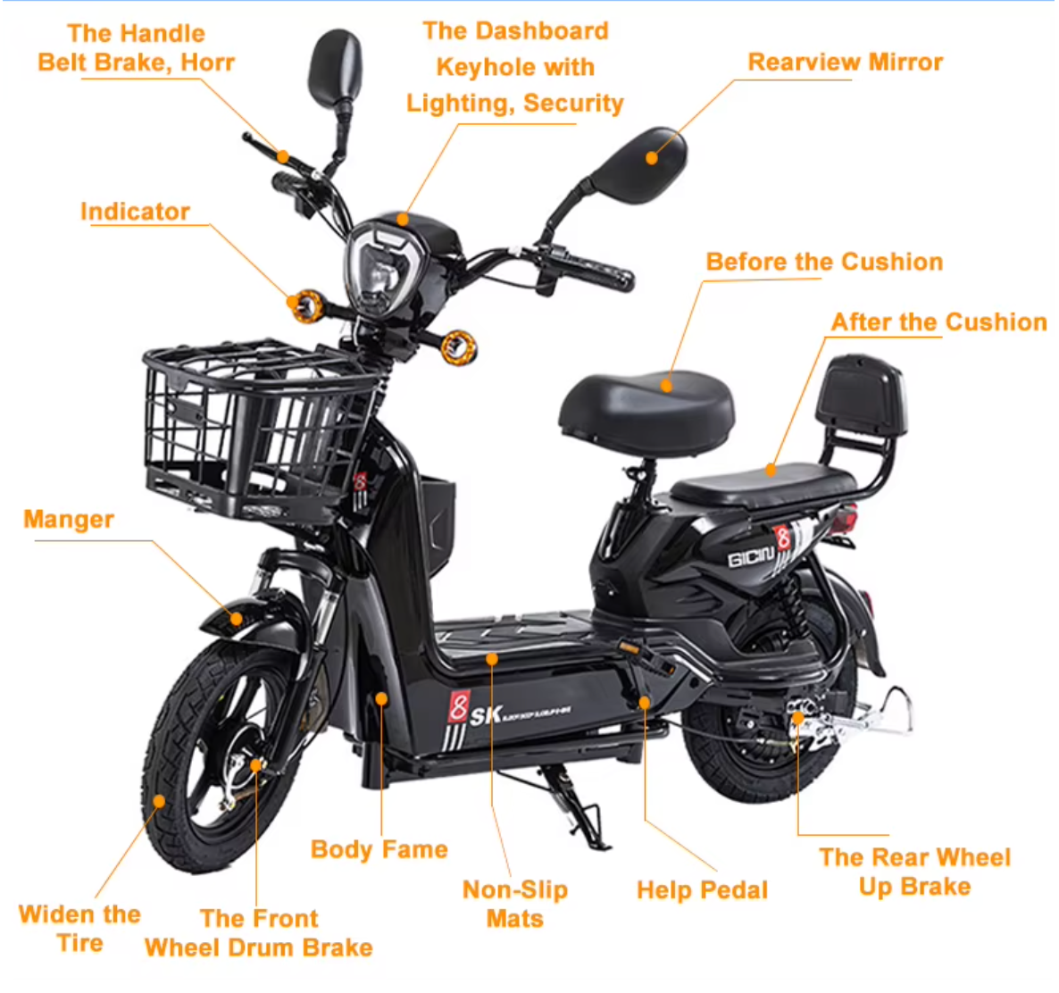 Moto eléctrica scooter 250W con canasta y batería de litio – vista 3