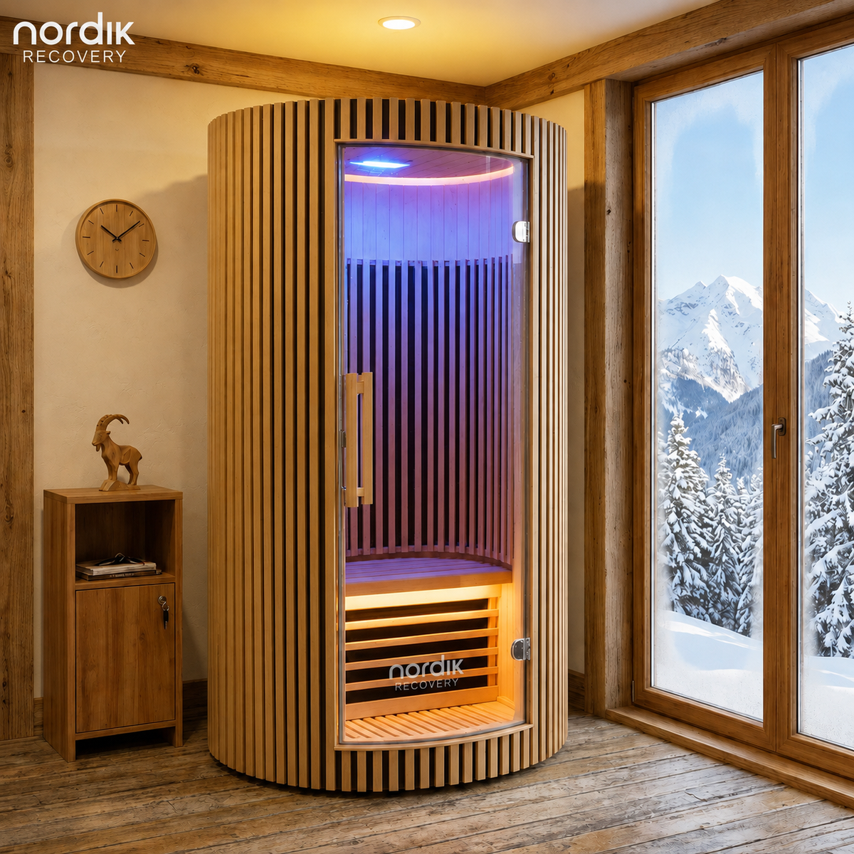 Sauna Infrarrojo NORDIK • PREMIUM • 1 Persona • 102x102x195 cm • Panel de Control Digital • Sistema Audio Bluetooth • Luz Estelar 7 Colores • 1590W