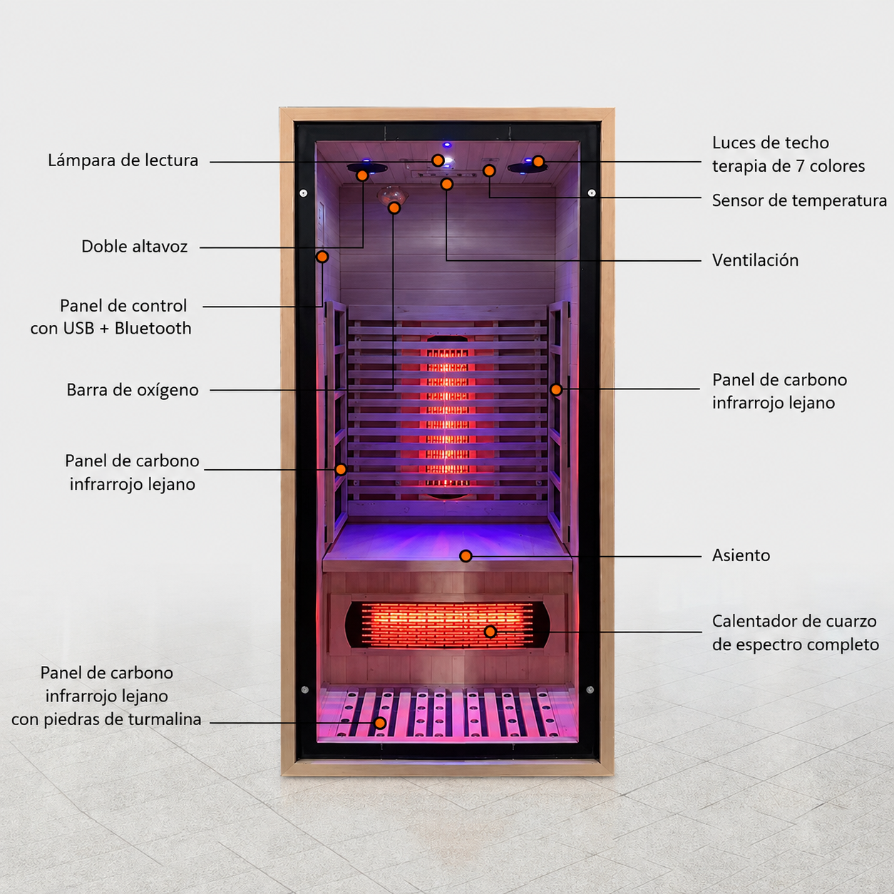Cabina Sauna Infrarrojo • Una Persona • 90x90x190 cm • Panel de Control USB • Bluetooth