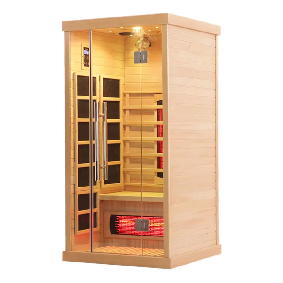 Sauna Seco Infrarrojo • Una Persona • 90x90x190 cm • Panel de Control Digital • Sistema Audio Bluetooth • Luz Estelar 7 Colores • 1350W