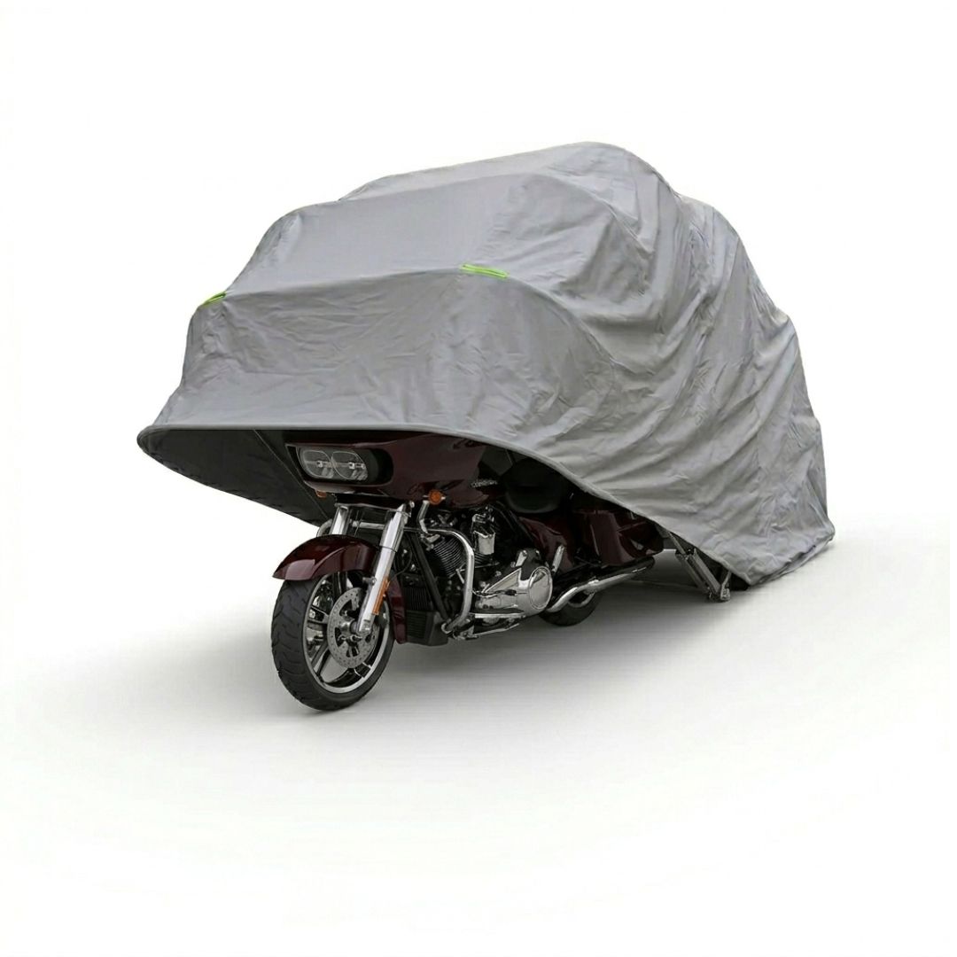 Carpa Cochera Plegable para Moto • Retractil • Soporte Anclado a Piso • 3,3m largo × 1,9m ancho × 1,4m alto • Gris