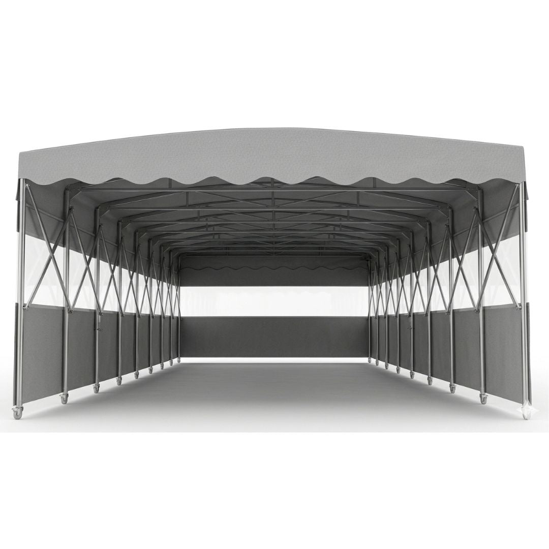 Carpa Plegable Industrial de PVC Impermeable • Tamaño Industrial 15x30 mts 450 m2 • Formato Techo + Laterales Franja Transparente
