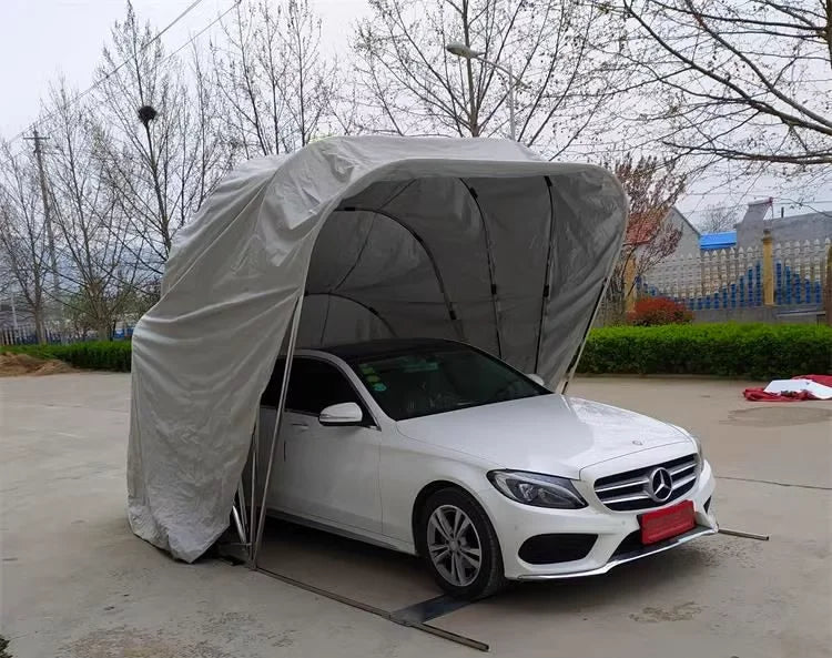 Carpa Cochera Plegable para Automovil • Retractil • Soporte Anclado a Piso • 6,8m largo × 2,8m ancho ×2,75 m alto • Gris