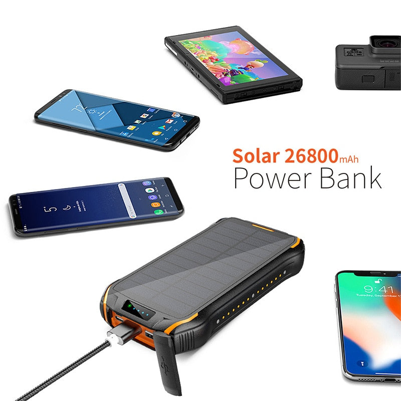 Cargador Solar Power Bank • Batería Solar Portátil • Carga Inalámbrica • Impermeable • Linterna • 26.800 mAh