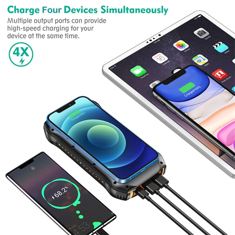 Cargador Solar Power Bank • Batería Solar Portátil • Carga Inalámbrica • Impermeable • Linterna • 26.800 mAh