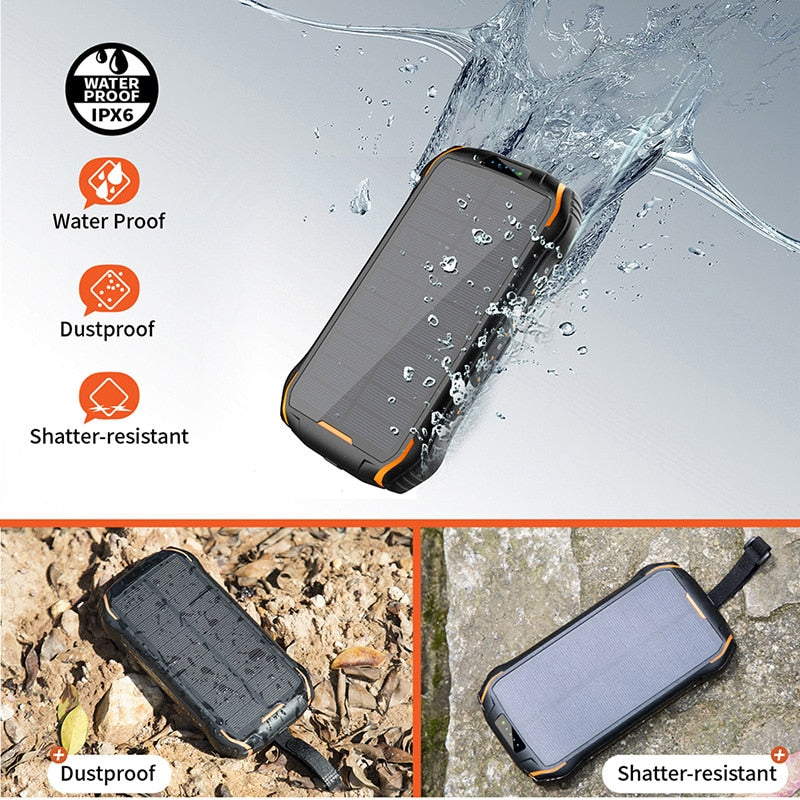 Cargador Solar Power Bank • Batería Solar Portátil • Carga Inalámbrica • Impermeable • Linterna • 26.800 mAh