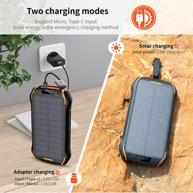 Cargador Solar Power Bank • Batería Solar Portátil • Carga Inalámbrica • Impermeable • Linterna • 26.800 mAh