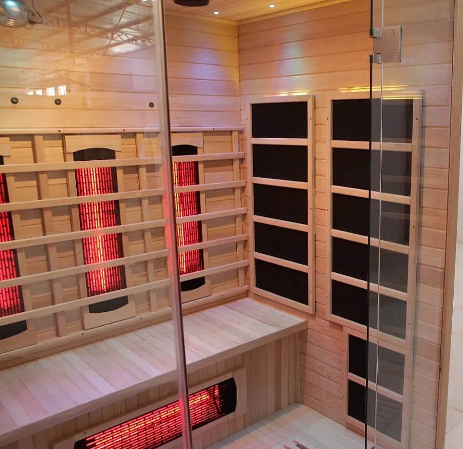 Sauna Seco Infrarrojo • Tres Personas • 150x120x190 cm • Panel de Control Digital • Sistema Audio Bluetooth • Luz Estelar 7 Colores • 2100W
