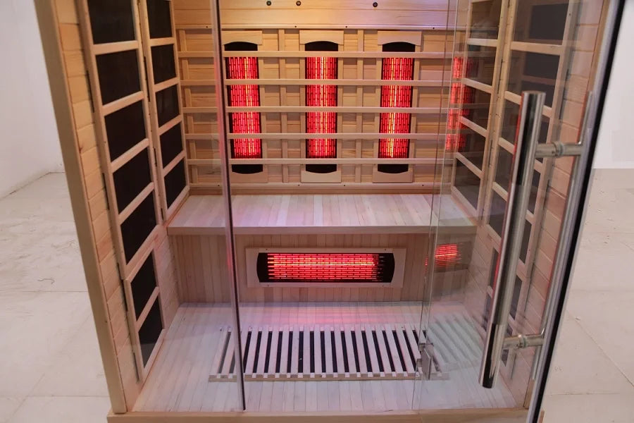 Sauna Seco Infrarrojo • Tres Personas • 150x120x190 cm • Panel de Control Digital • Sistema Audio Bluetooth • Luz Estelar 7 Colores • 2100W