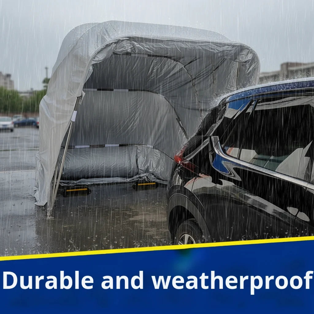 Carpa Cochera Plegable para Automovil • Retractil • Soporte Anclado a Piso • 6,8m largo × 2,8m ancho ×2,75 m alto • Gris