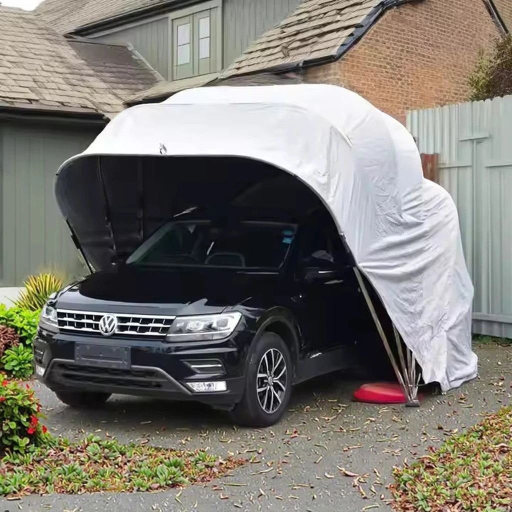 Carpa Cochera Plegable para Automovil • Retractil • Soporte Anclado a Piso • 6,8m largo × 2,8m ancho ×2,75 m alto • Gris