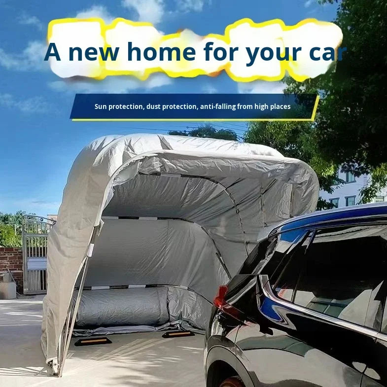 Carpa Cochera Plegable para Automovil • Retractil • Soporte Anclado a Piso • 6,8m largo × 2,8m ancho ×2,75 m alto • Gris