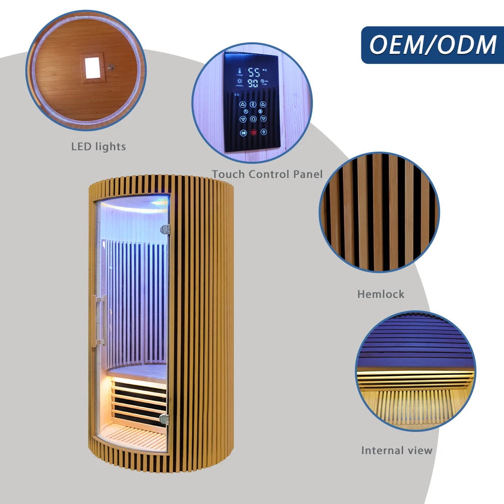 Sauna Seco Infrarrojo Redondo Premium • 1 Persona • 102x102x195 cm • Panel de Control Digital • Sistema Audio Bluetooth • Luz Estelar 7 Colores • 1590W