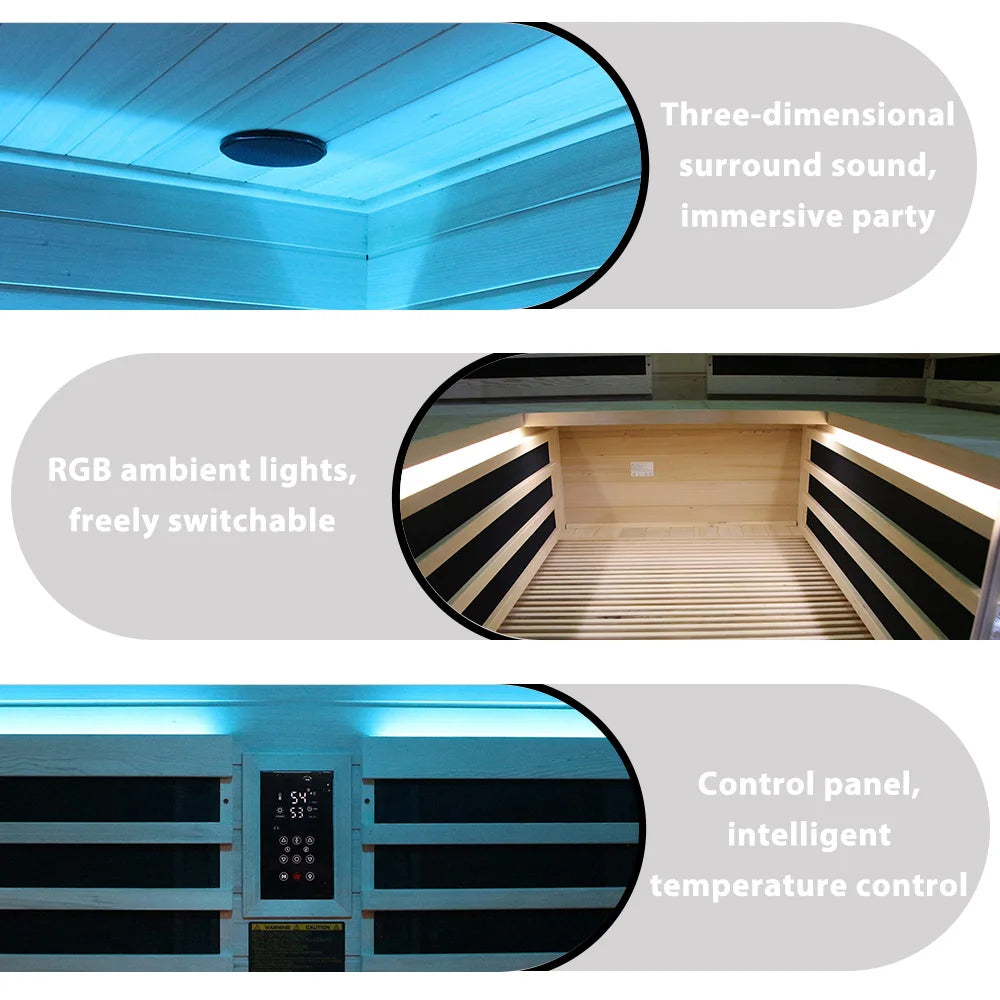Sauna Seco Infrarrojo Premium • 4 Personas • 250x250x195 cm • Panel de Control Digital • Sistema Audio Bluetooth • Luz Estelar 7 Colores • 3590W