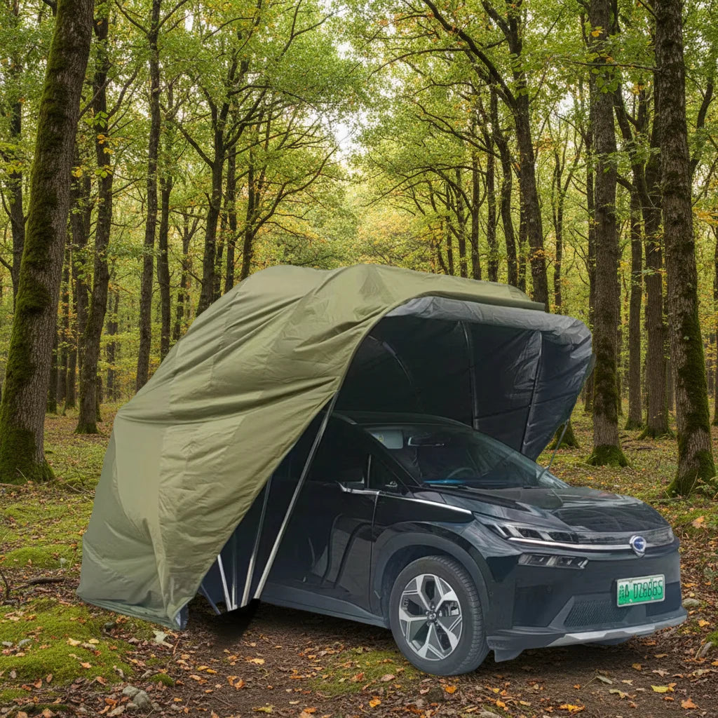 Carpa Cochera Plegable para Moto • Retractil • Soporte Anclado a Piso • 3,3m largo × 1,9m ancho × 1,4m alto • Gris