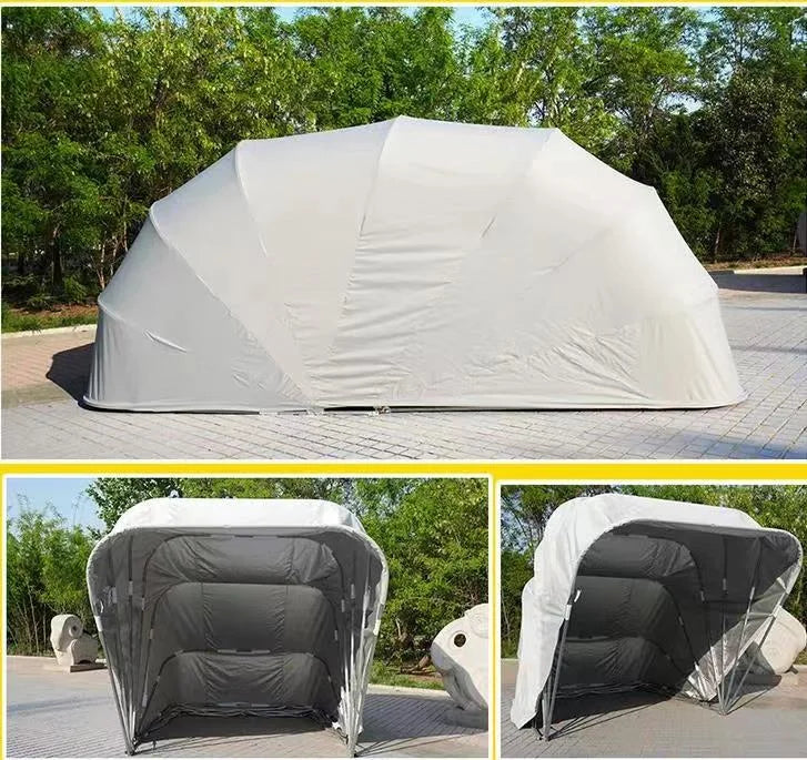 Carpa Cochera Plegable para Moto • Retractil • Soporte Anclado a Piso • 3,3m largo × 1,9m ancho × 1,4m alto • Gris