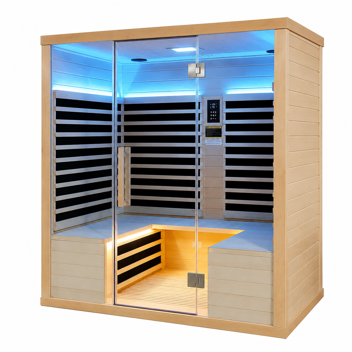 Sauna Infrarrojo NORDIK • PREMIUM • 4 Personas • 250x250x195 cm • Panel de Control Digital • Sistema Audio Bluetooth • Luz Estelar 7 Colores • 3590W