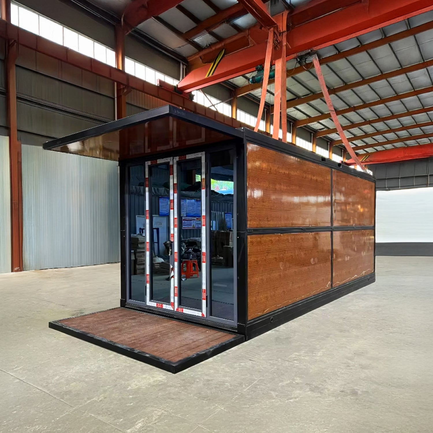 Módulo Oficina Plegable • Madera Vidrio Negro • 1 Pieza • 5,8x2,5x2,45 mt • [Preventa]