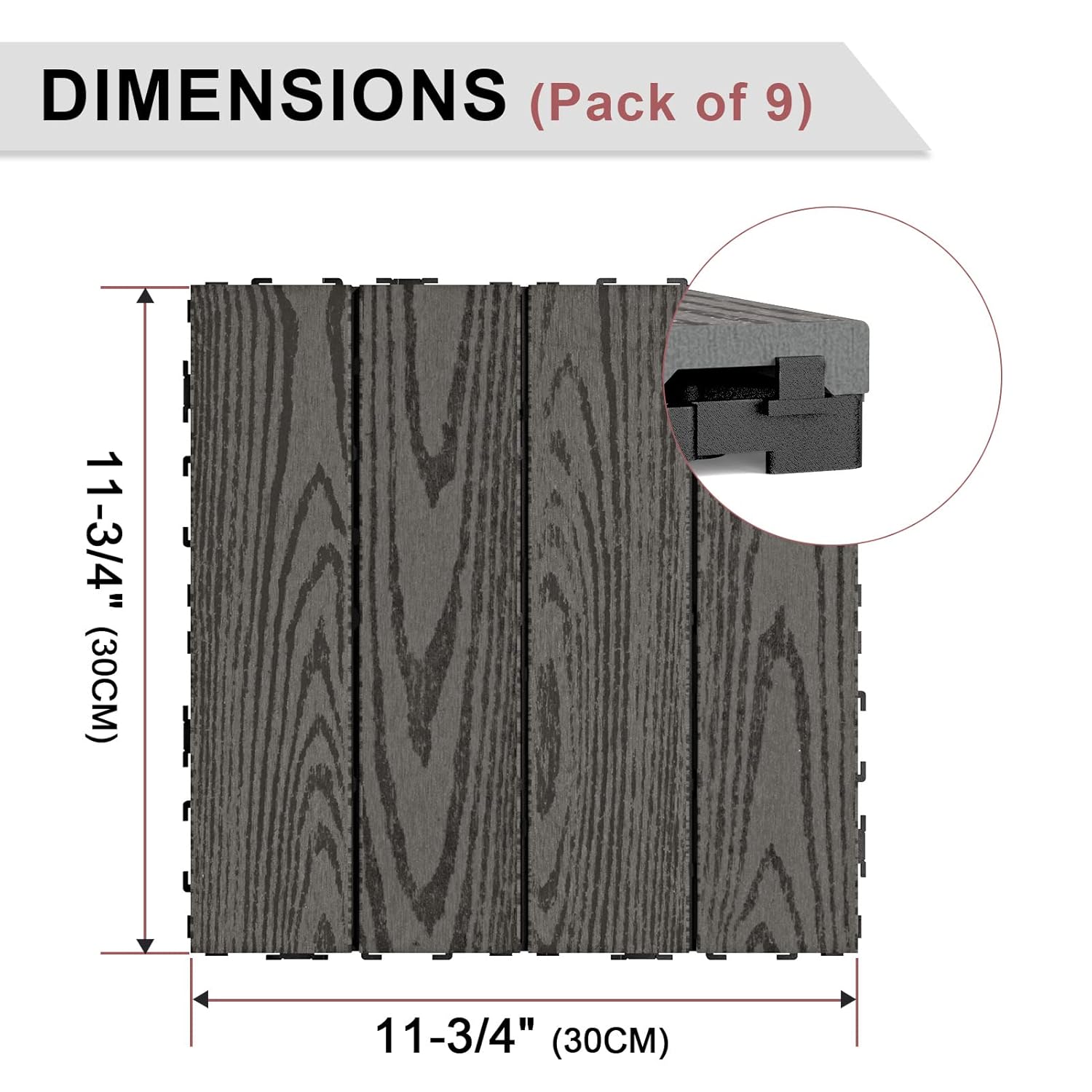 Piso Deck WPC Terraza • Black • Encastrable Modular Outdoor • 30x30x2cm • Terminación Madera • Pack x11 Palmetas 1 m2