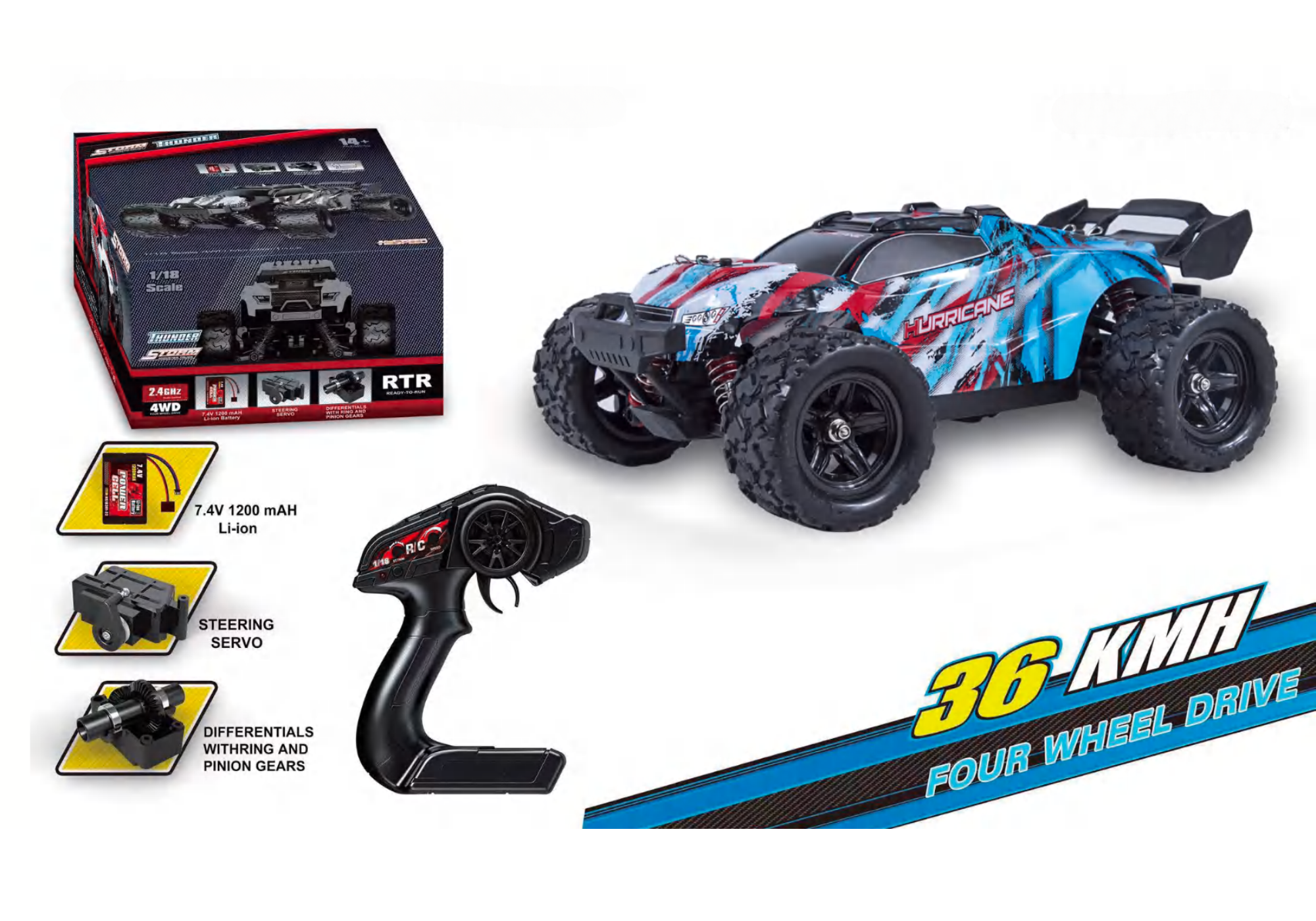 Auto a Control Remoto • Urricane Monster Truck 4x4 • 36 Km/h • Turqueza/Naranjo [PREVENTA]