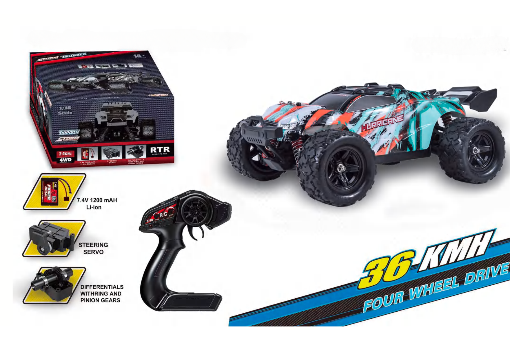 Auto a Control Remoto • Urricane Monster Truck 4x4 • 36 Km/h • Turqueza/Naranjo [PREVENTA]