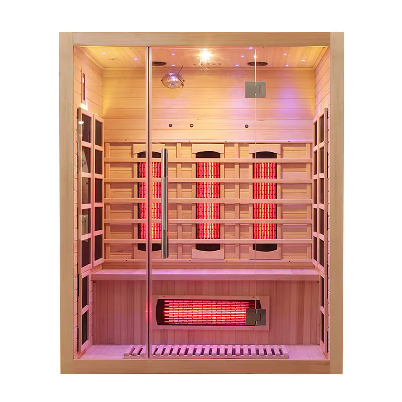 Sauna Seco Infrarrojo • Tres Personas • 150x120x190 cm • Panel de Control Digital • Sistema Audio Bluetooth • Luz Estelar 7 Colores • 2100W