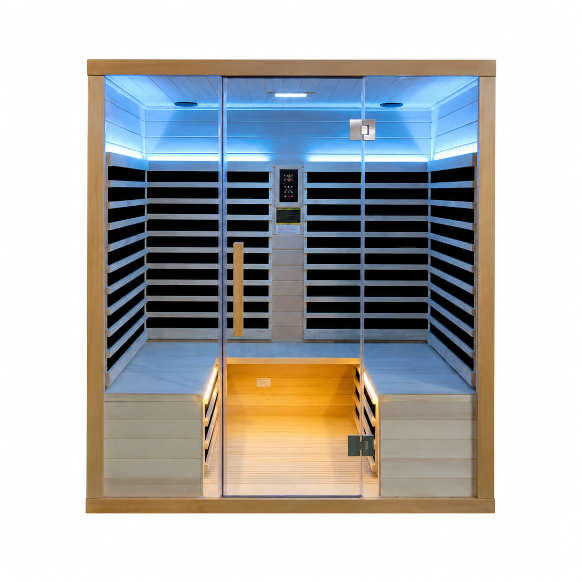 Sauna Infrarrojo NORDIK • PREMIUM • 4 Personas • 250x250x195 cm • Panel de Control Digital • Sistema Audio Bluetooth • Luz Estelar 7 Colores • 3590W