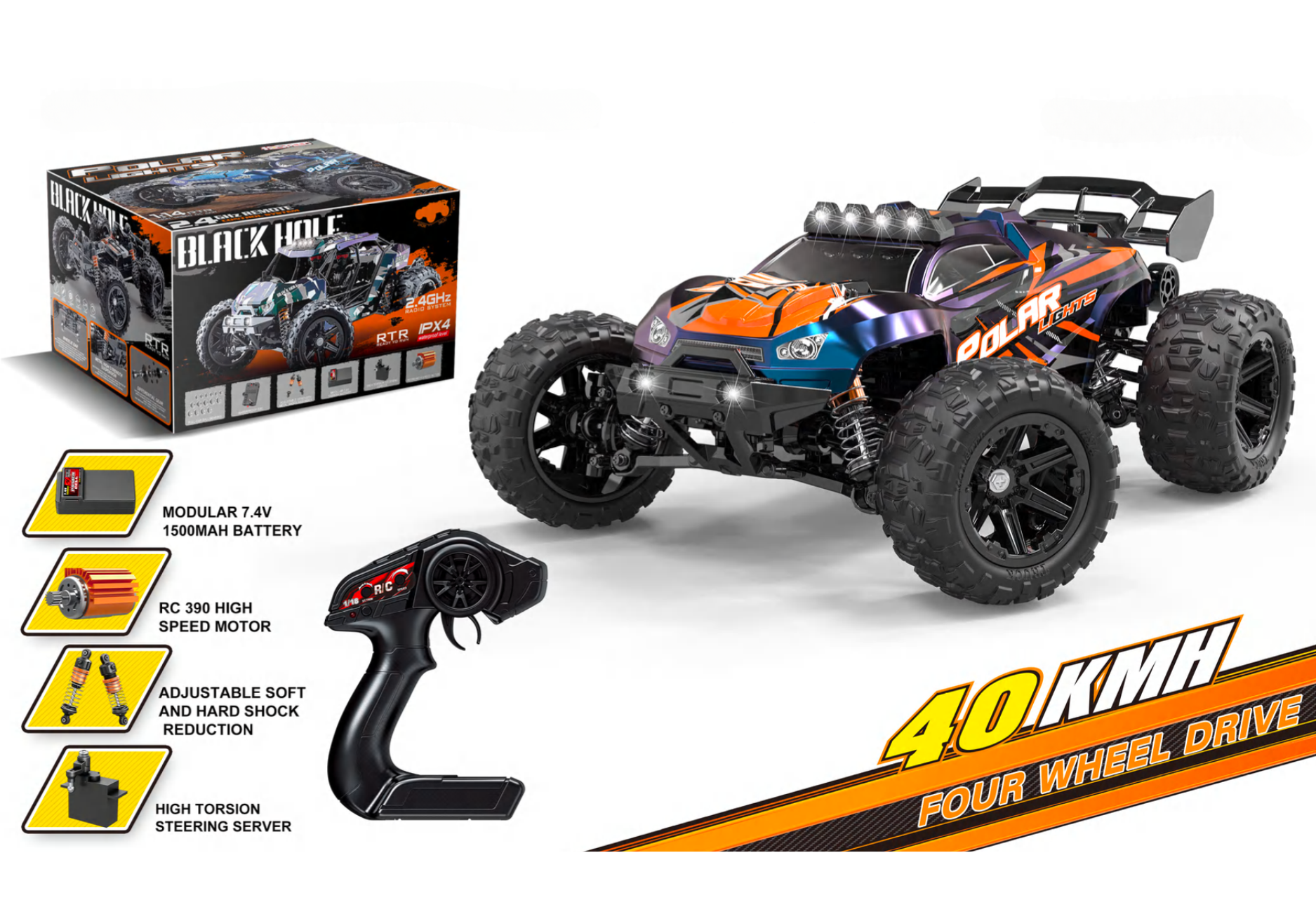 Auto a Control Remoto • Raptor Monster Truck 4x4 • 40 Km/h • Naranjo/Morado [PREVENTA]