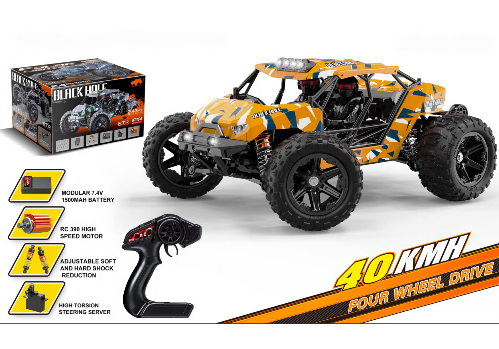 Auto a Control Remoto • Maverick Monster Truck 4x4 • 40 Km/h • Naranjo/Verde [PREVENTA]