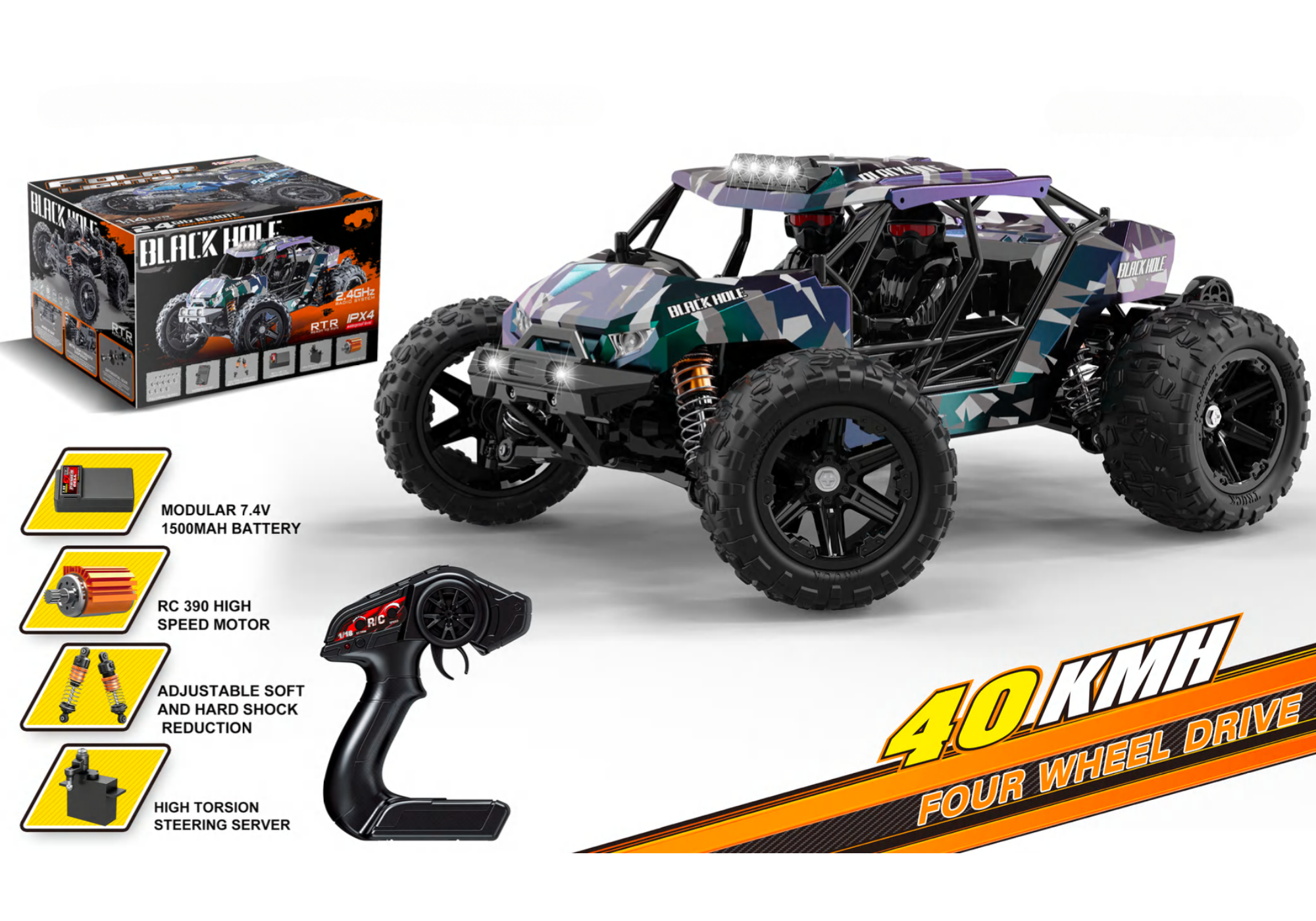 Auto a Control Remoto • Maverick Monster Truck 4x4 • 40 Km/h • Morado/Verde [PREVENTA]