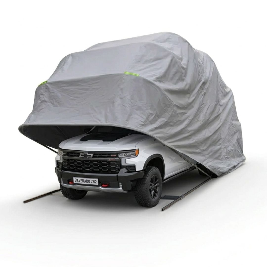 Carpa Cochera Plegable para Automovil • Retractil • Soporte Anclado a Piso • 6,8m largo × 2,8m ancho ×2,75 m alto  • Gris