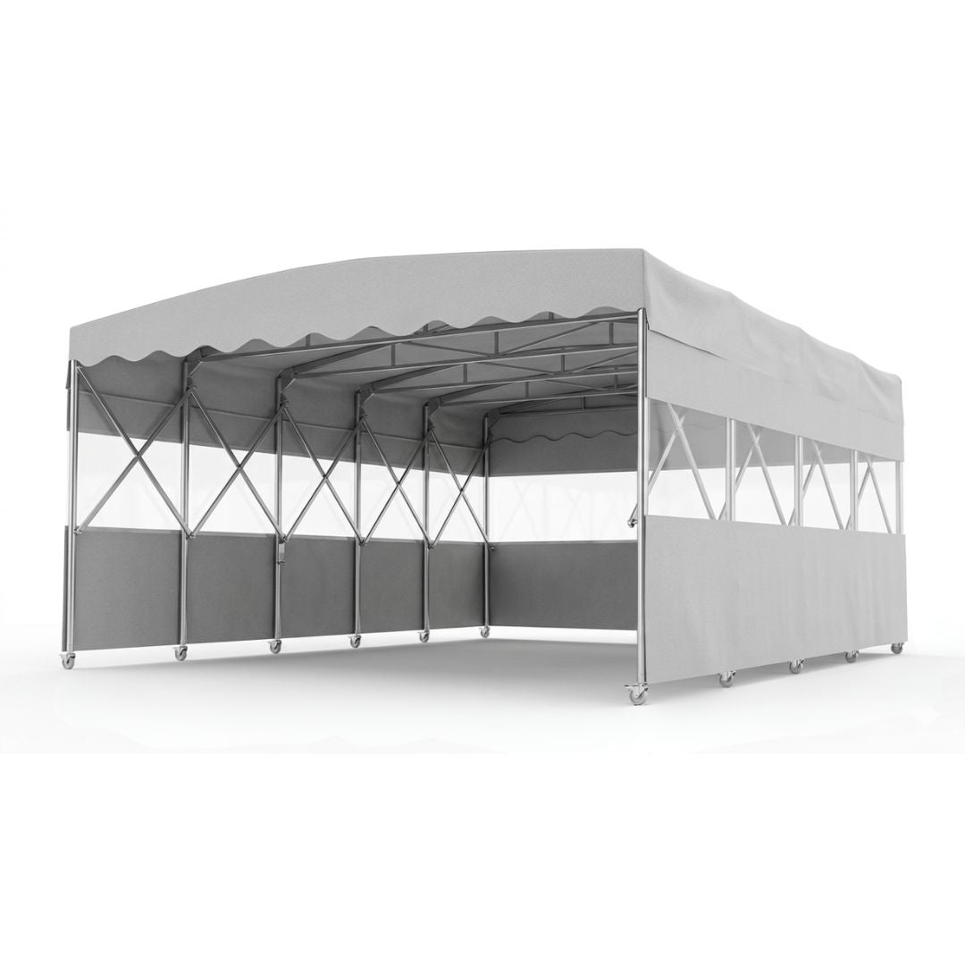 Carpa Plegable Industrial de PVC Impermeable • Tamaño Mediana 6x10 mts 60 m2 • Formato Techo + Laterales Franja Transparente