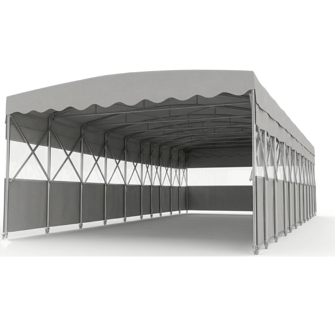Carpa Plegable Industrial de PVC Impermeable • Tamaño Industrial 15x30 mts 450 m2 • Formato Techo + Laterales Franja Transparente