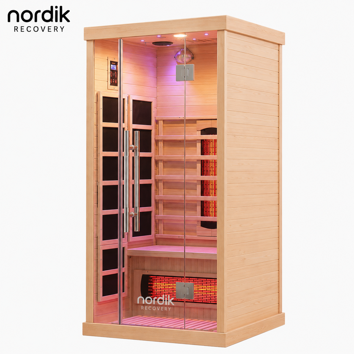 Sauna Infrarrojo NORDIK • 1 Persona • 90x90x190 cm • Panel de Control Digital • Sistema Audio Bluetooth • Luz Estelar 7 Colores • 1350W