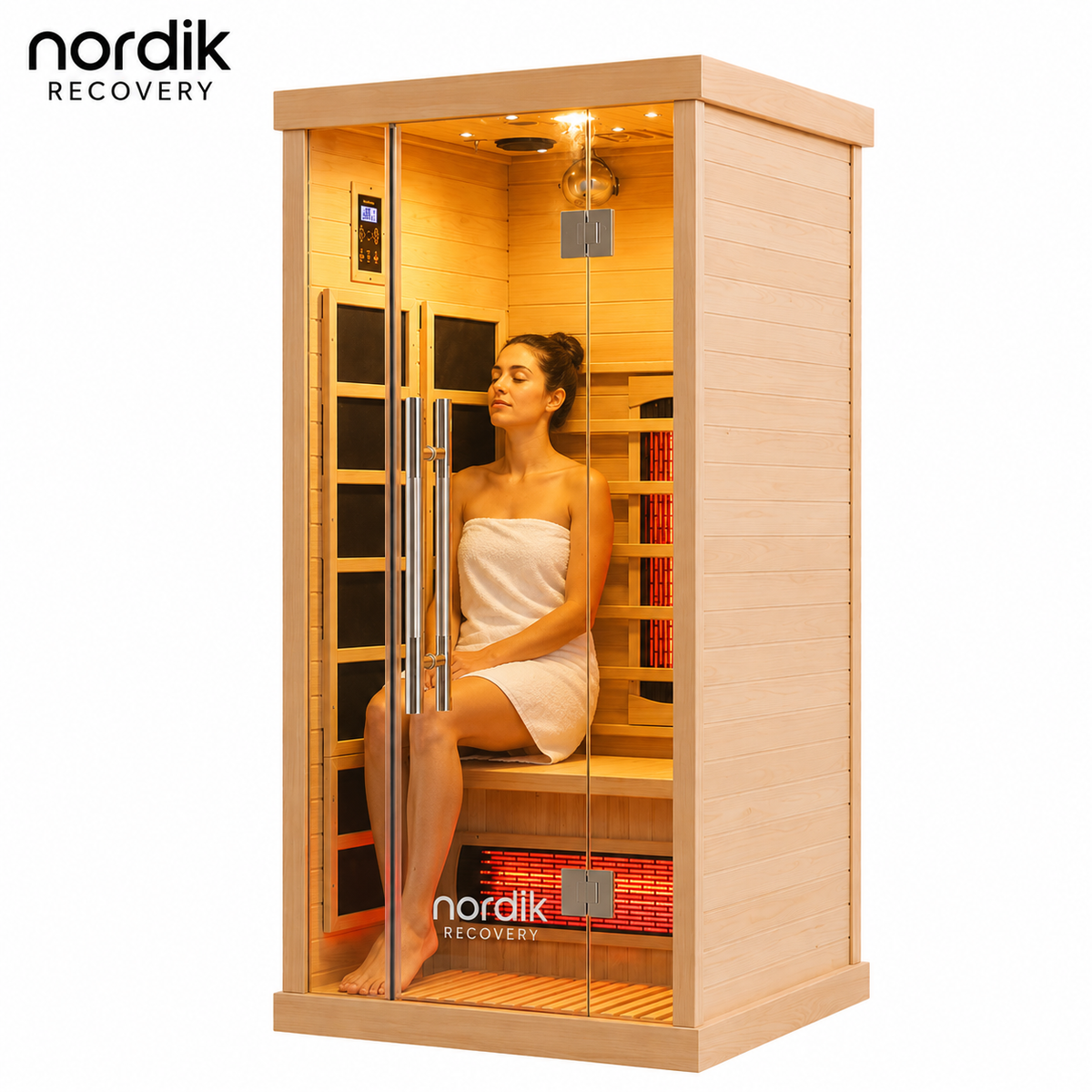 Sauna Infrarrojo NORDIK • 1 Persona • 90x90x190 cm • Panel de Control Digital • Sistema Audio Bluetooth • Luz Estelar 7 Colores • 1350W