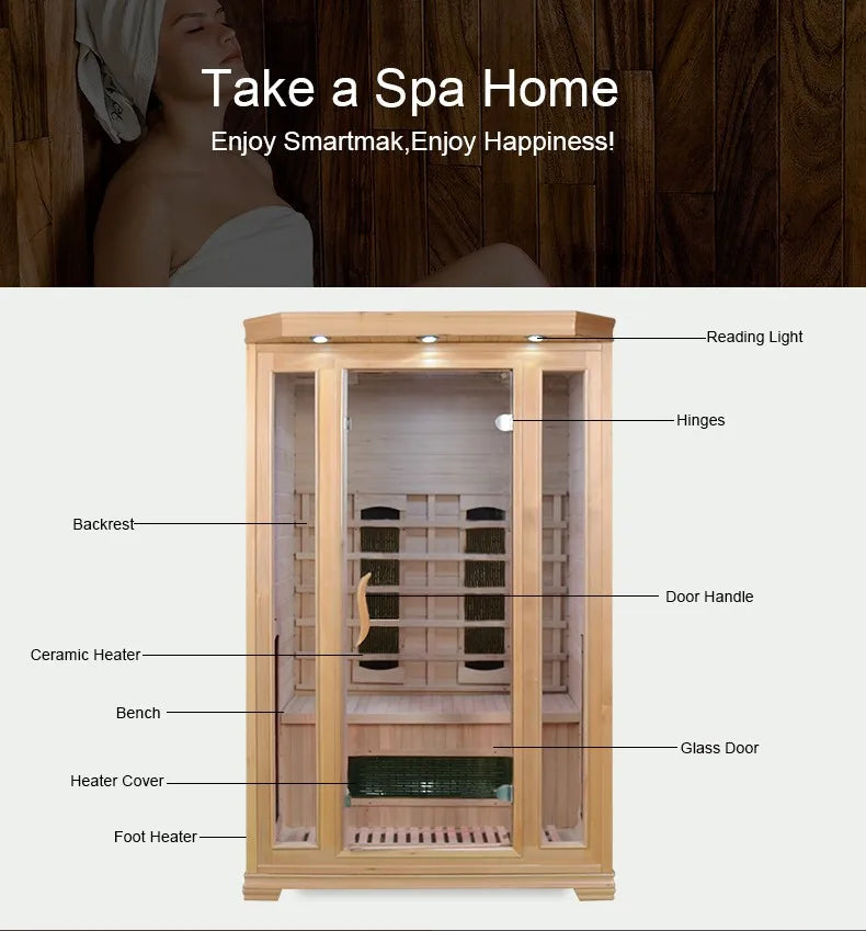 Sauna Seco Infrarrojo • Dos Personas • 120x105x190 cm • Panel de Control Digital • Sistema Audio Bluetooth • Luz Estelar 7 Colores • 1750W