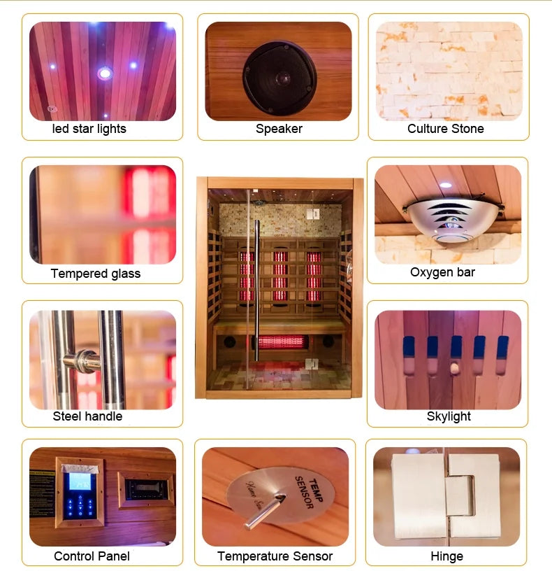 Cabina Sauna Infrarrojo • Dos Persona • 120x105x190 cm • Panel de Control USB • Bluetooth