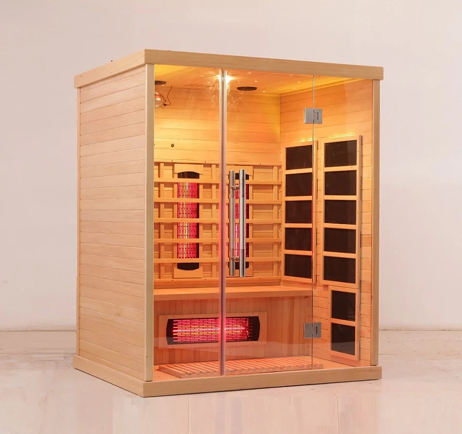 Sauna Seco Infrarrojo • Tres Personas • 150x120x190 cm • Panel de Control Digital • Sistema Audio Bluetooth • Luz Estelar 7 Colores • 2100W