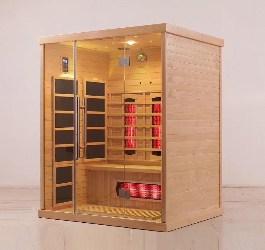 Sauna Seco Infrarrojo • Tres Personas • 150x120x190 cm • Panel de Control Digital • Sistema Audio Bluetooth • Luz Estelar 7 Colores • 2100W