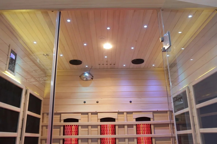 Sauna Seco Infrarrojo • Tres Personas • 150x120x190 cm • Panel de Control Digital • Sistema Audio Bluetooth • Luz Estelar 7 Colores • 2100W